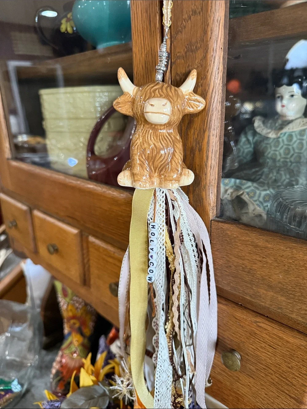Handmade Rustic Tan Highland Cow Salt Shaker Tassel Hanging Decor